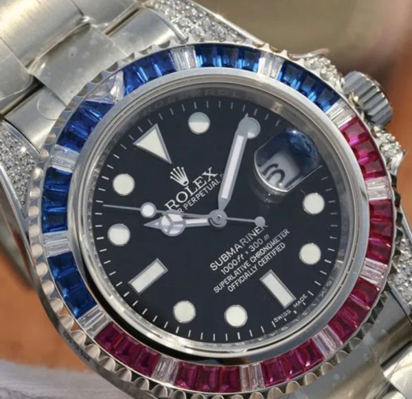 Rolex Submariner Silver Blue/Red Replica Diamond 40Mm Top Swiss Clone 6 Submariner Silver Blue / Red Diamond 40Mm Top Swiss Clone - Ip Empire Replica Watches